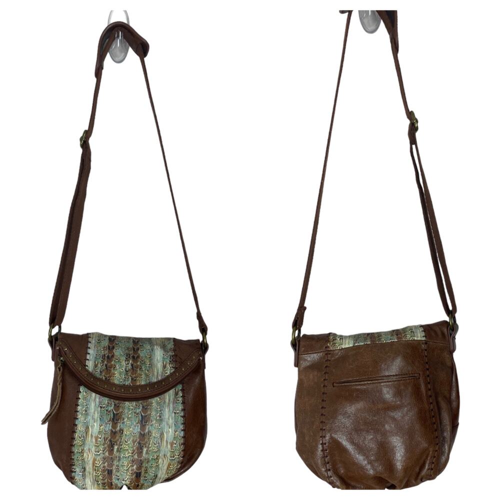 The Sak Deena Crossbody Feather Stripe Studded Tan Leather Bag Purse